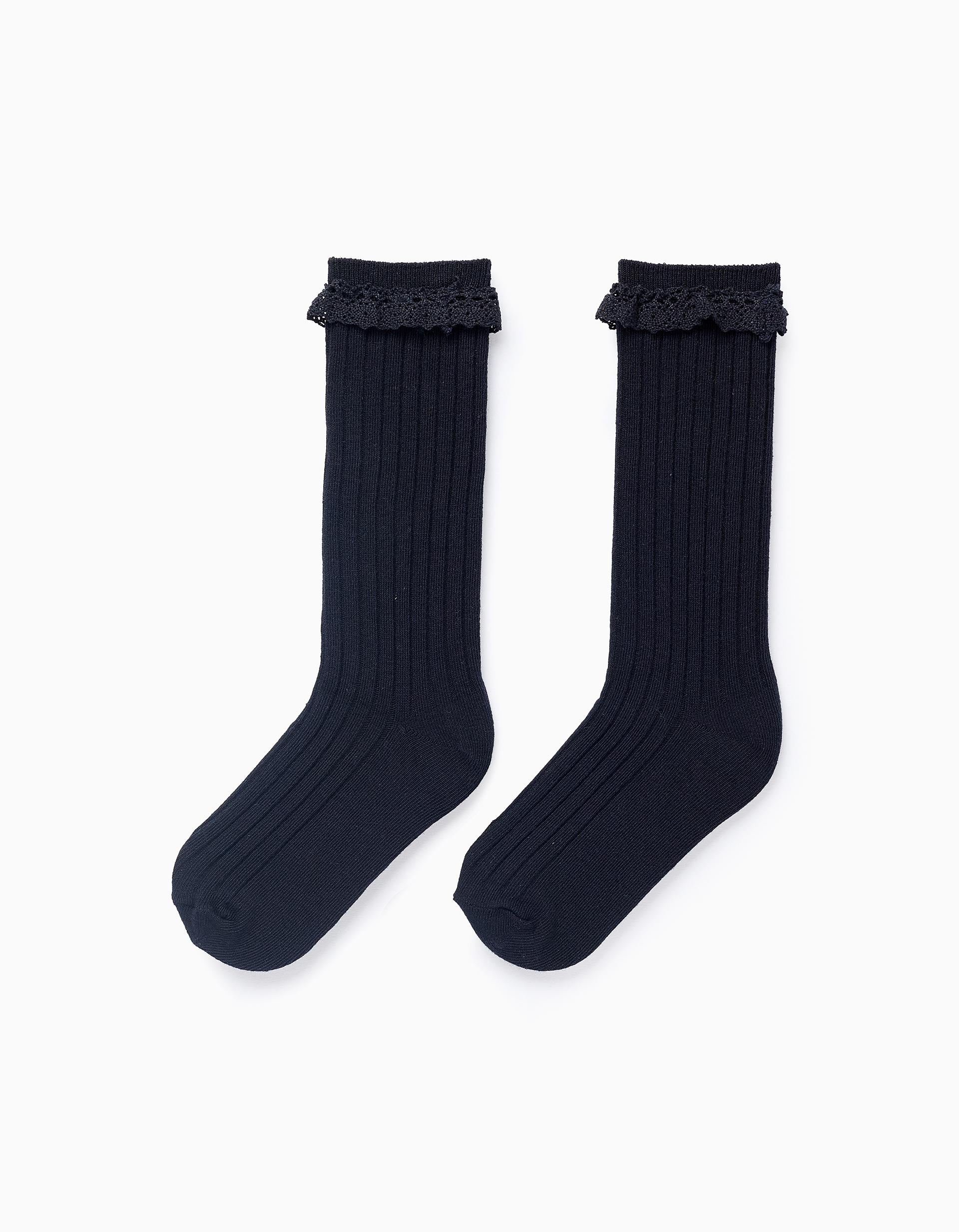 Chaussettes Hautes avec Dentelle pour Fille, Bleu Foncé