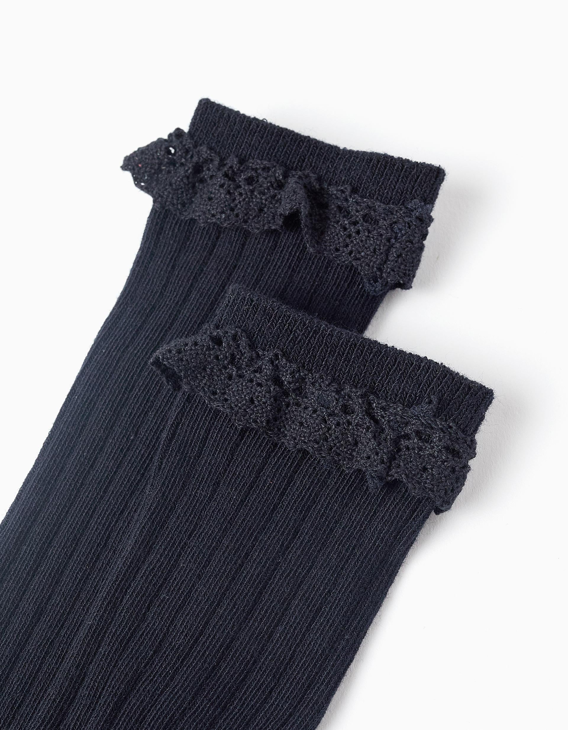 Chaussettes Hautes avec Dentelle pour Fille, Bleu Foncé