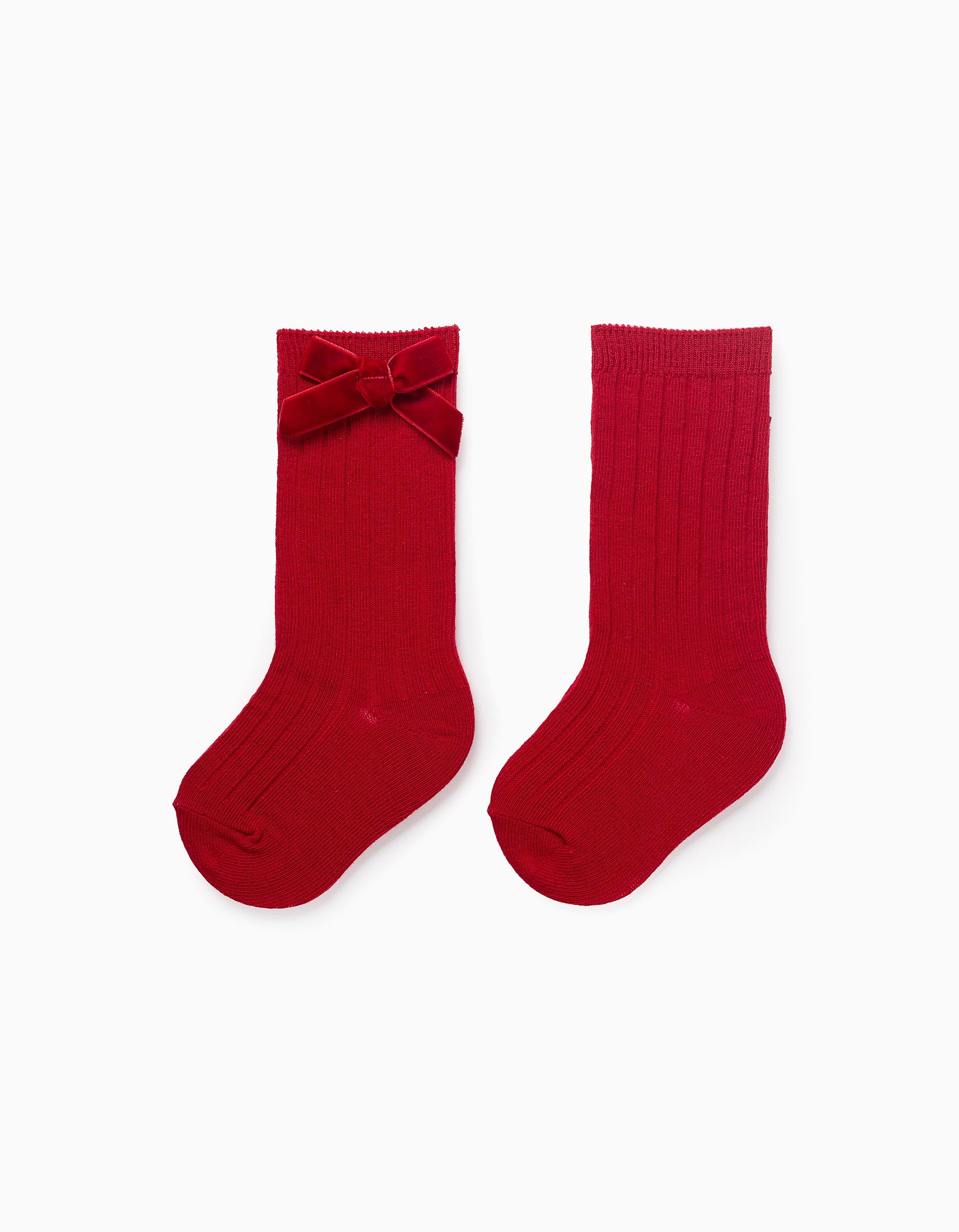 Chaussettes Hautes Côtelées avec Nœud pour Bébé Fille, Rouge