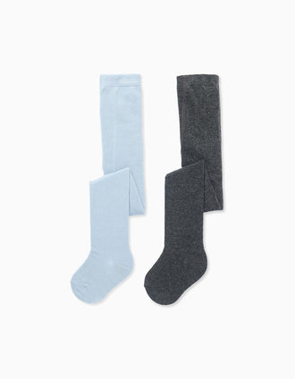 Pack 2 Collants de Malha Lisos para Bebé Menina, Cinza/Azul