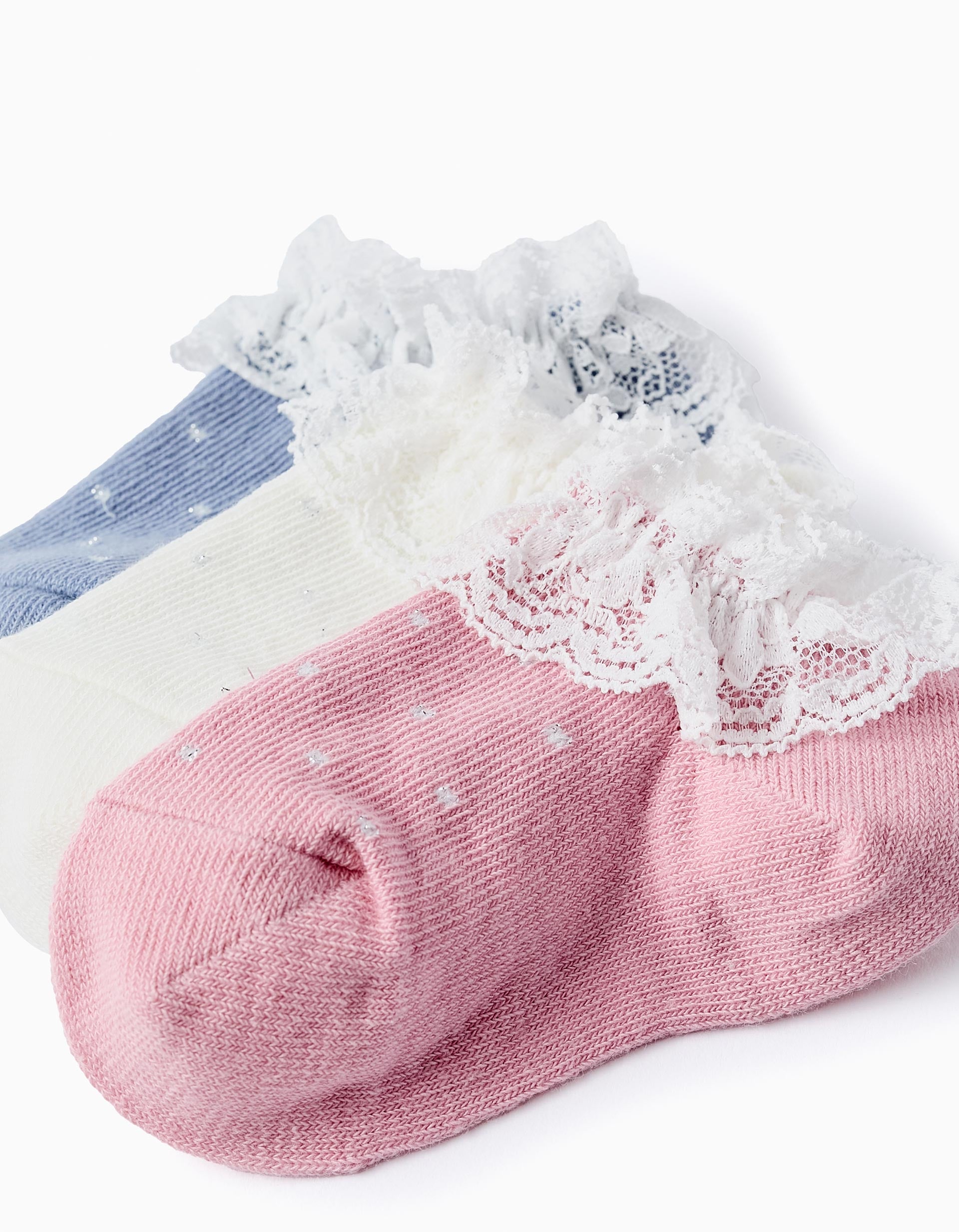 Pack 3 Paires de Chaussettes Courtes avec Dentelle pour Bébé Fille, Multicolore