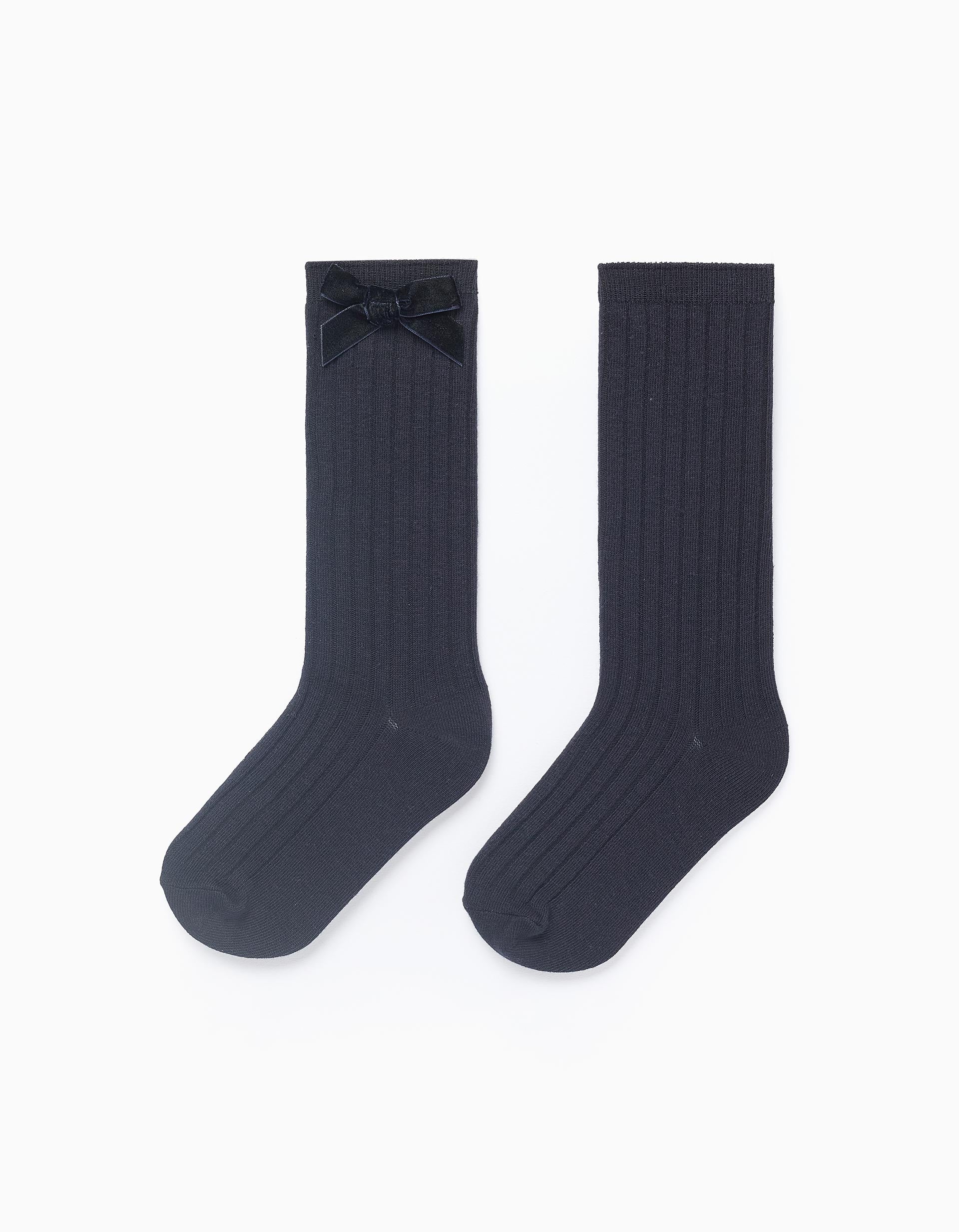 Chaussettes Hautes Côtelées avec Nœud pour Fille, Bleu Foncé