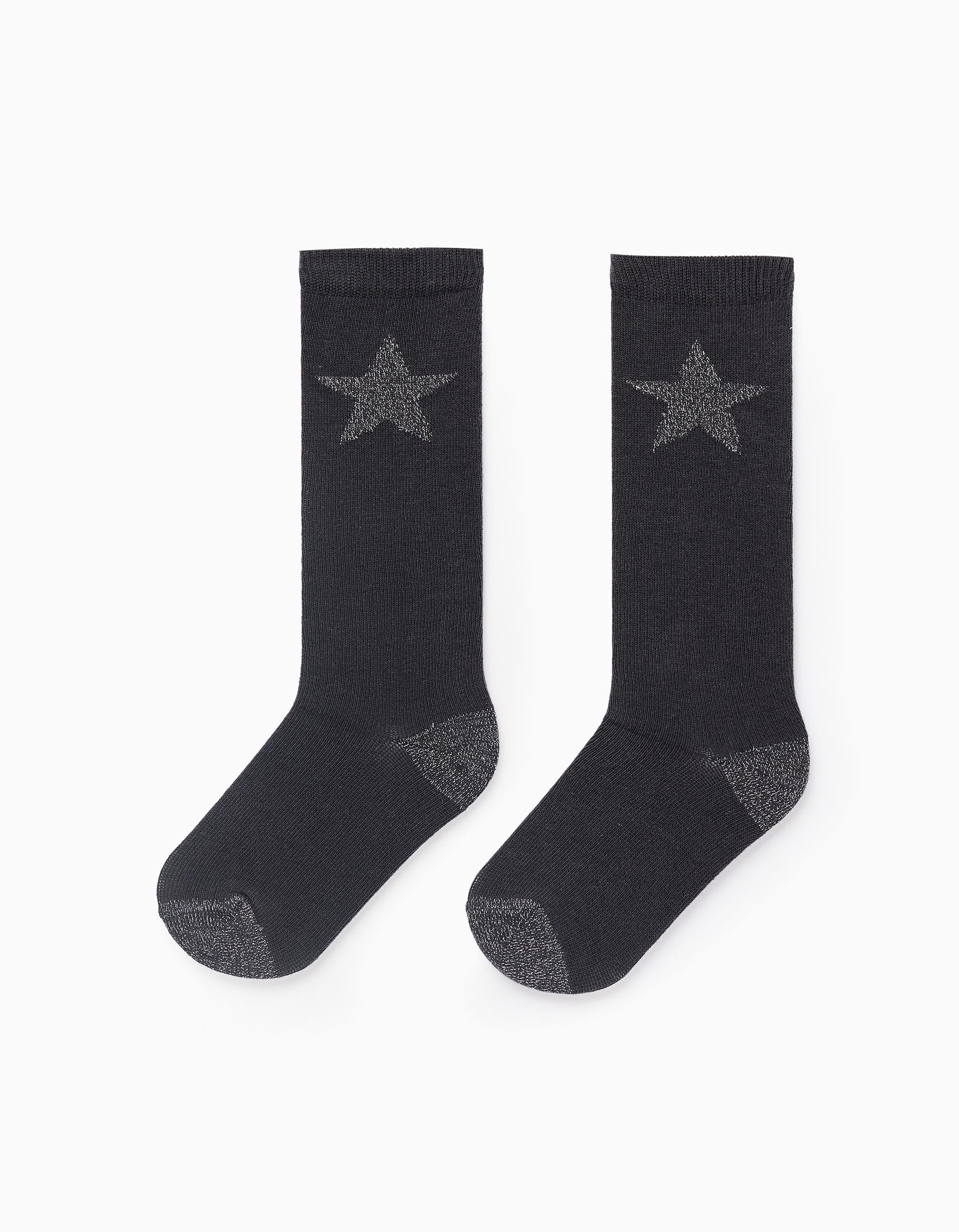 Meias Altas com Estrelas de Lurex para Menina, Preto/Prateado