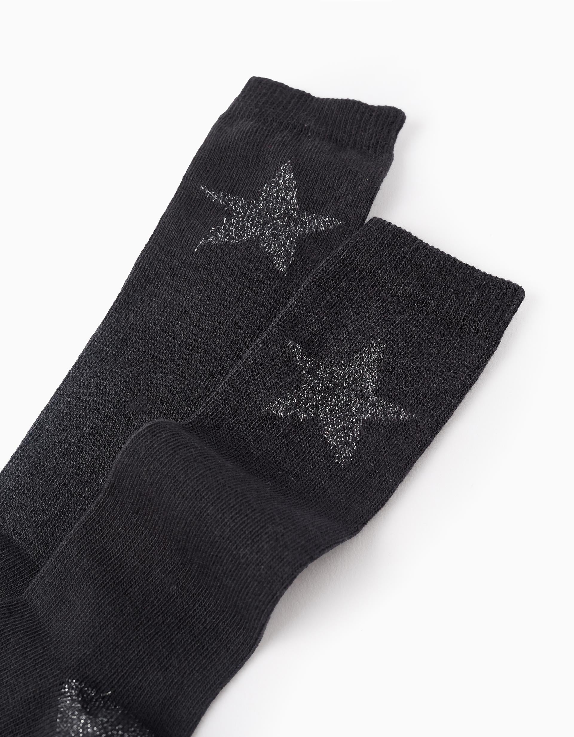 Meias Altas com Estrelas de Lurex para Menina, Preto/Prateado