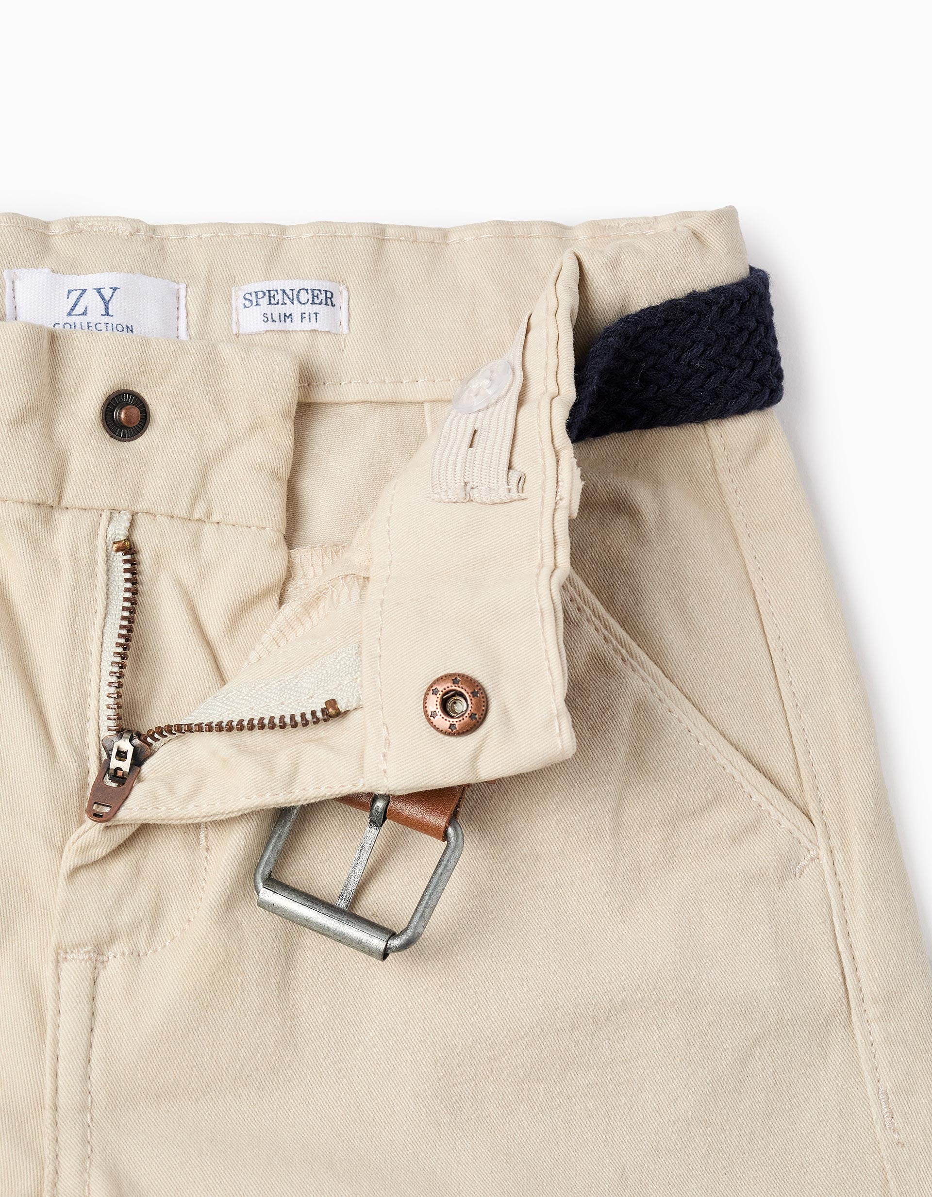 Pantalon Chino en Serge avec Ceinture pour Garcon Slim Beige