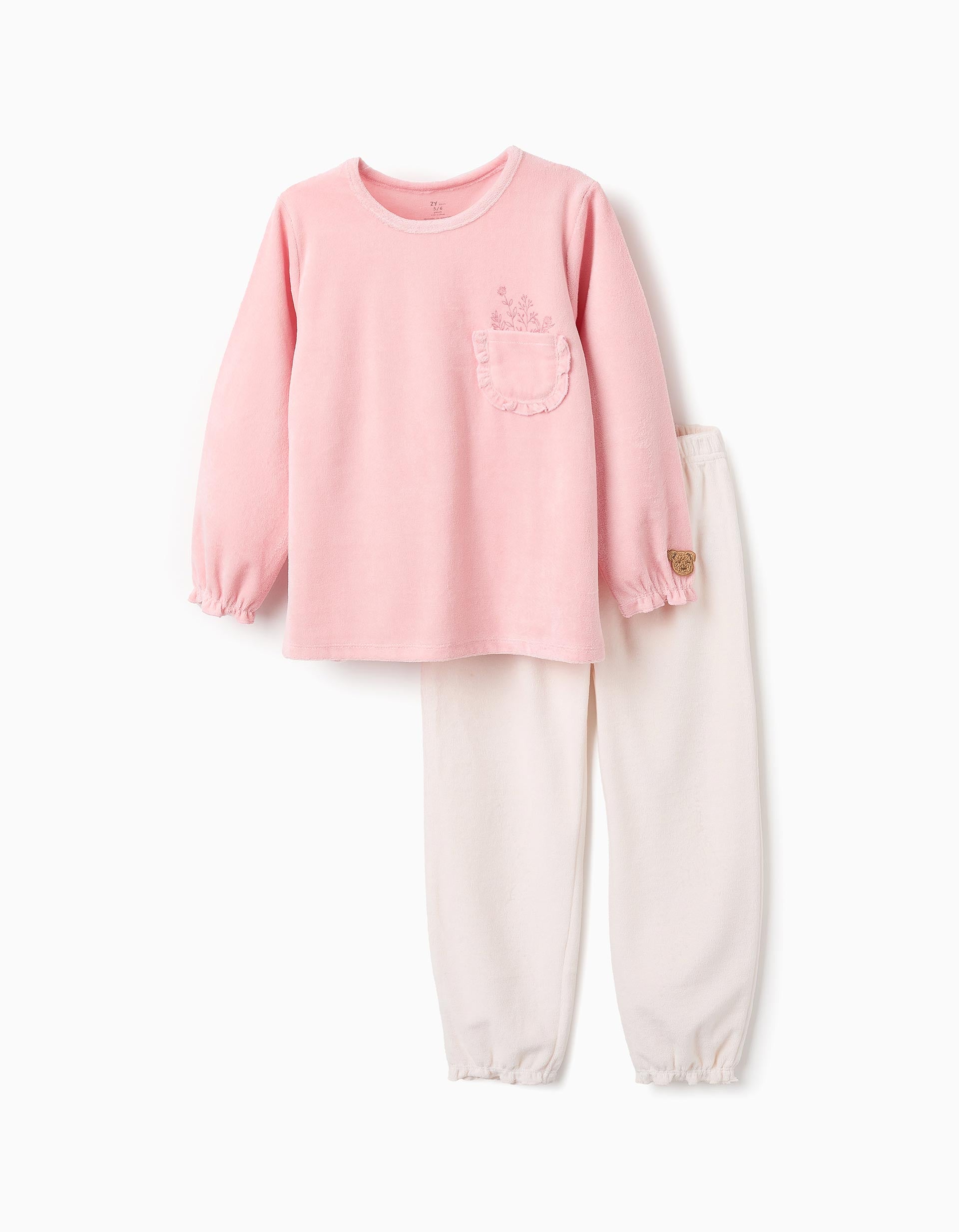 Pijama de Terciopelo con Flores y Volantes para Niña, Rosa