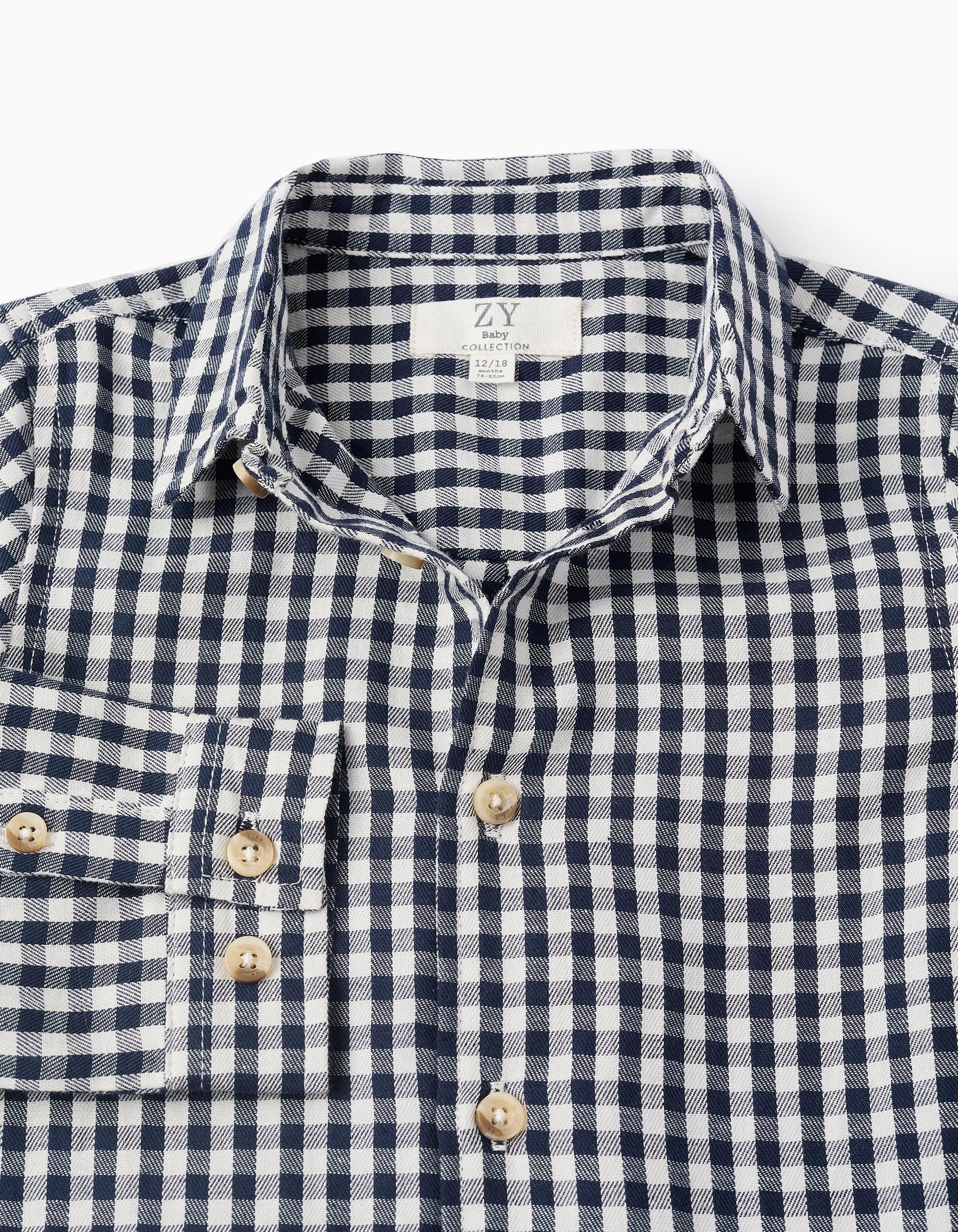 Camisa de Algodón con Motivo Vichy para Bebé Niño, Azul/Blanco