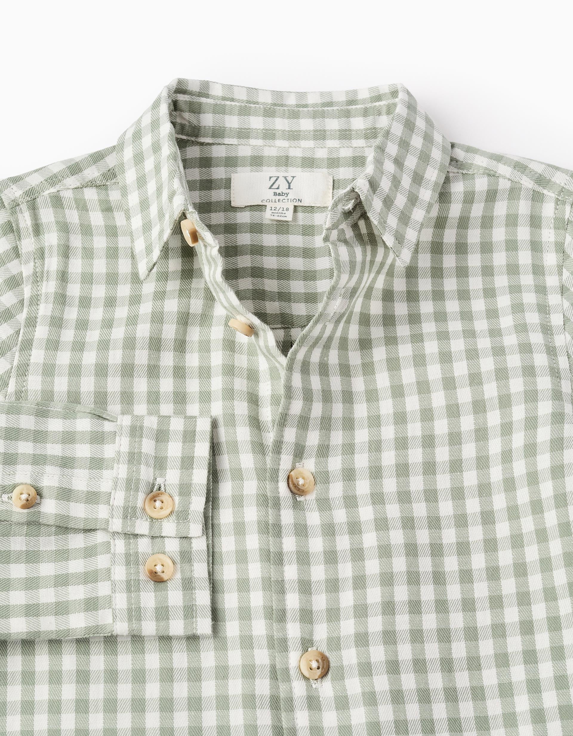 Camisa de Algodón con Motivo Vichy para Bebé Niño, Verde/Blanco