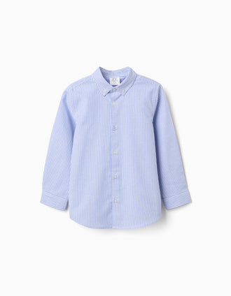 Camisa Oxford às Riscas para Menino, Branco/Azul