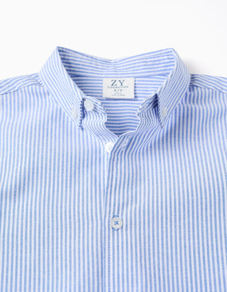 Camisa Oxford às Riscas para Menino, Branco/Azul