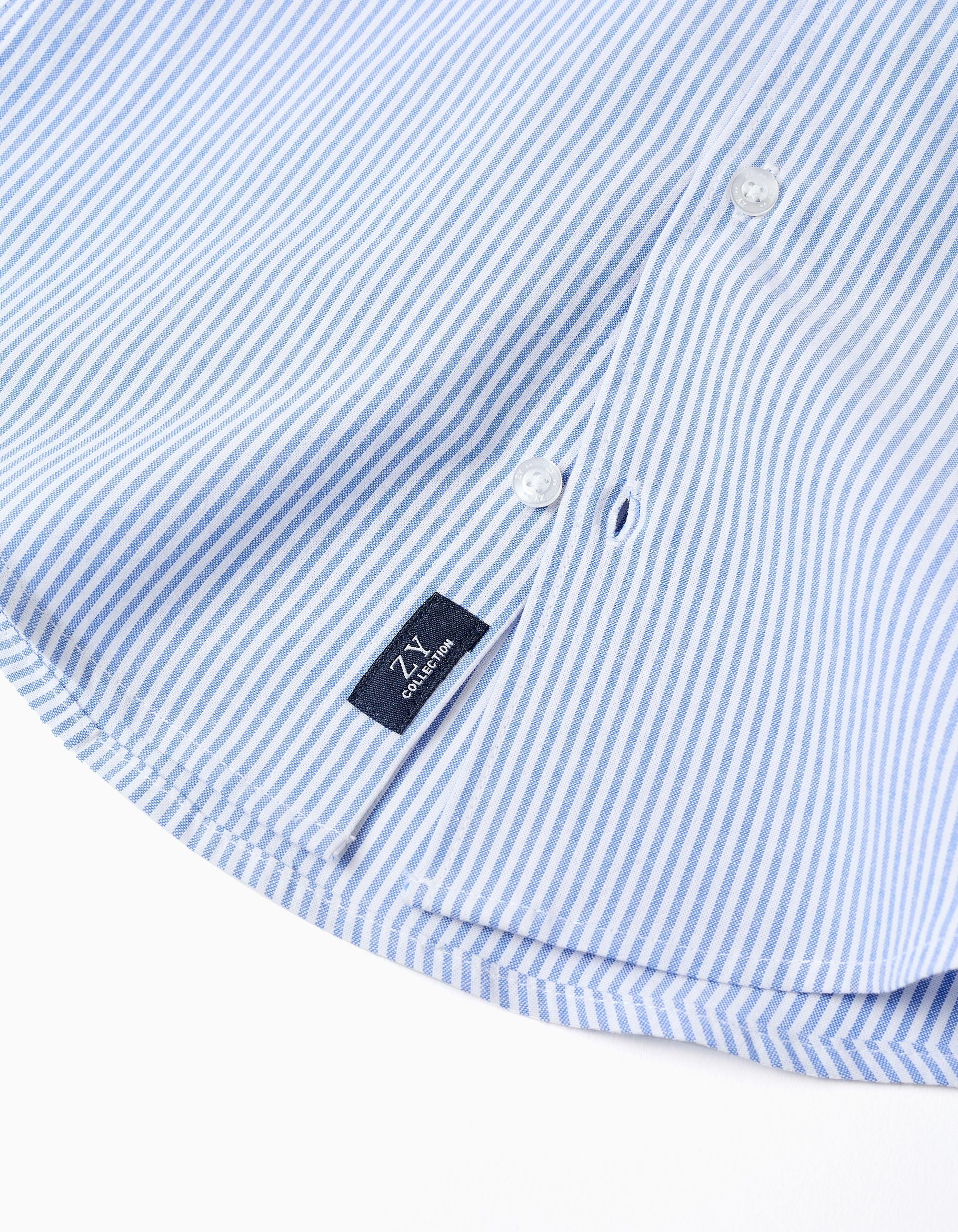 Camisa Oxford às Riscas para Menino, Branco/Azul