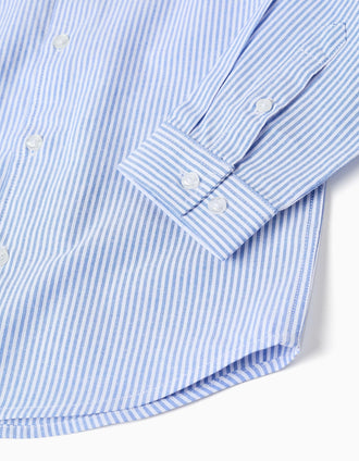 Camisa Oxford às Riscas para Menino, Branco/Azul