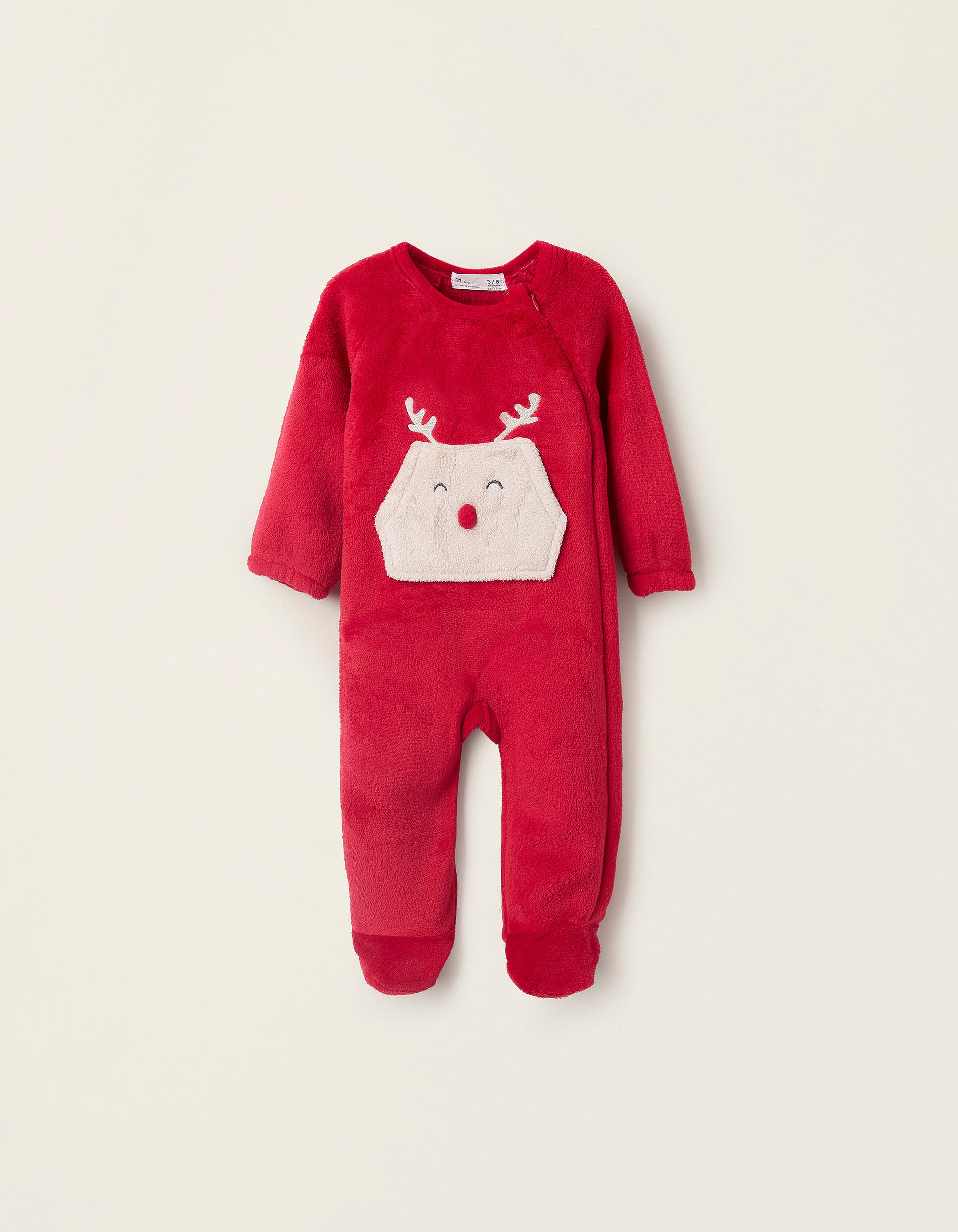 Plush Sleepsuit with Pom-Pom for Babies 'Reindeer', Red