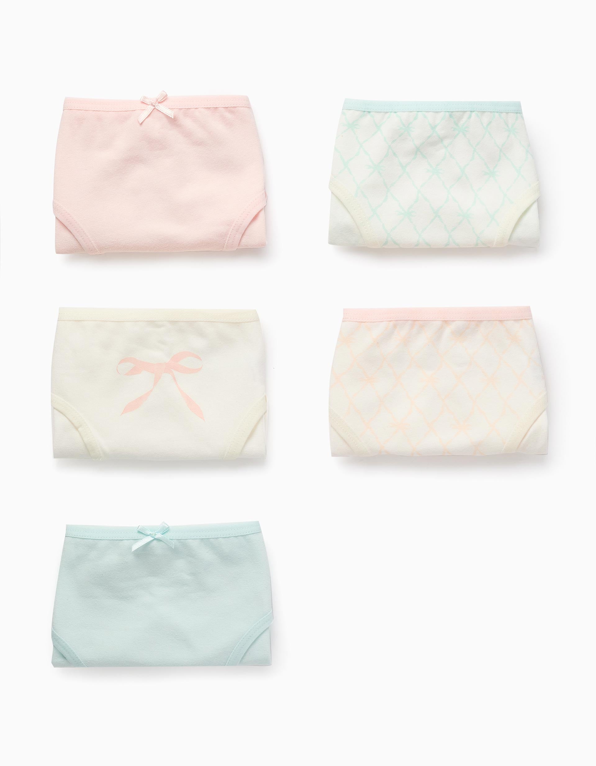 Pack 5 Cuecas para Menina 'Laços', Branco/Rosa/Azul