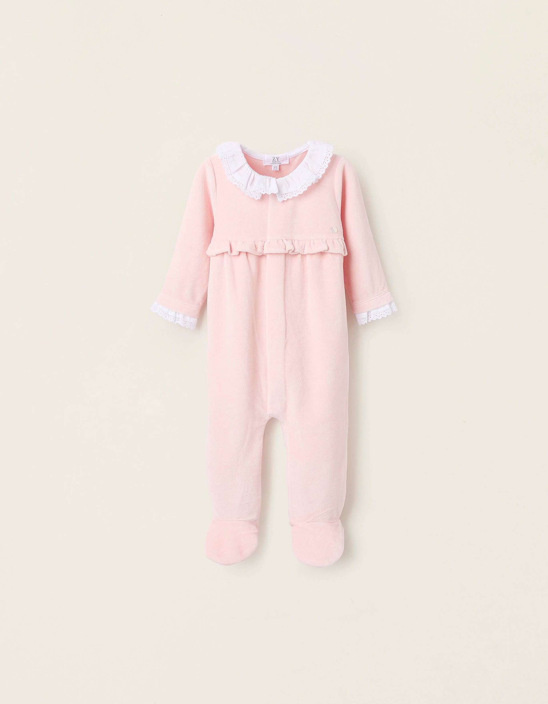 Babygrow de Veludo com Folhos e Bordado Inglês para Recém-Nascida,Rosa