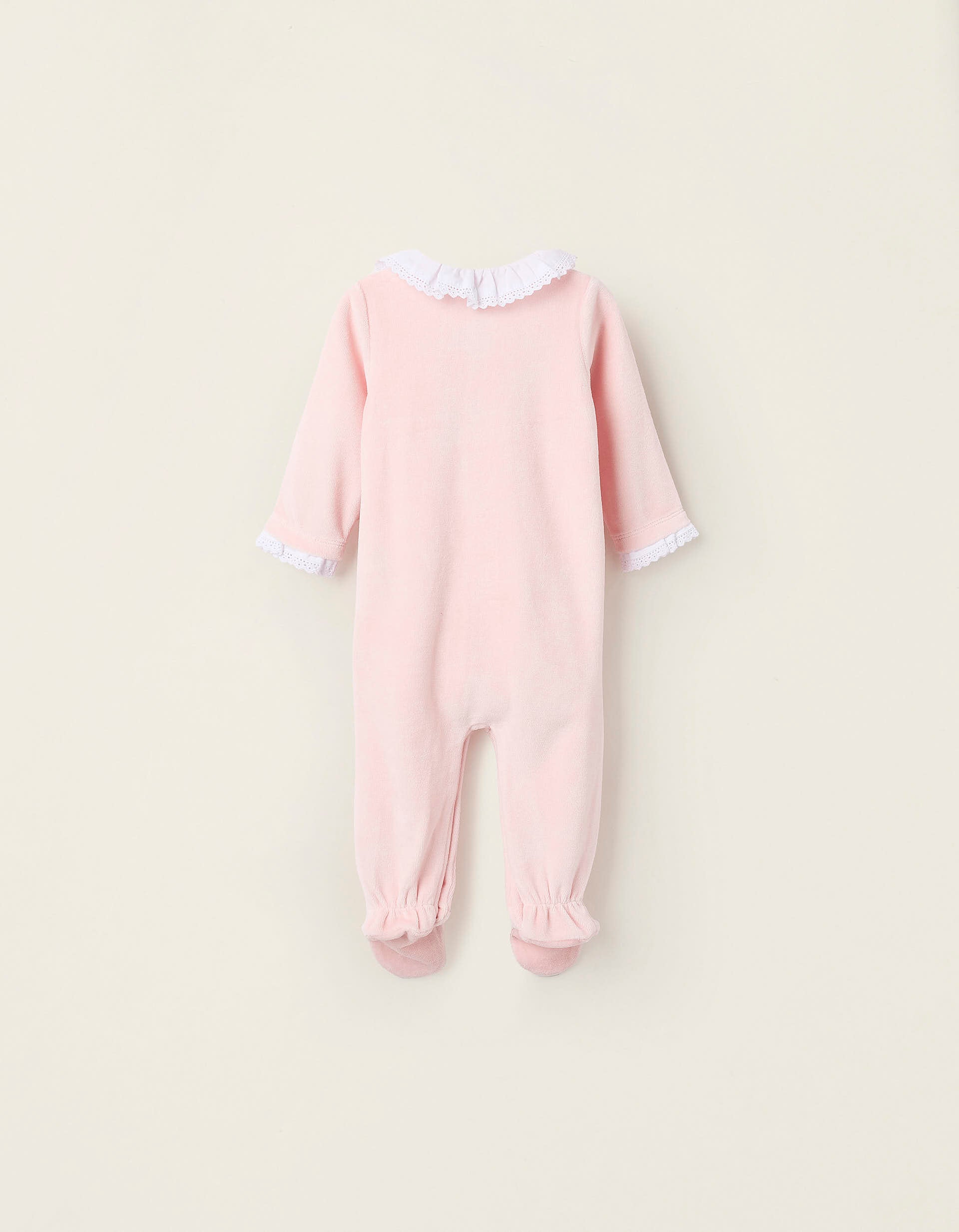 Babygrow de Veludo com Folhos e Bordado Inglês para Recém-Nascida,Rosa