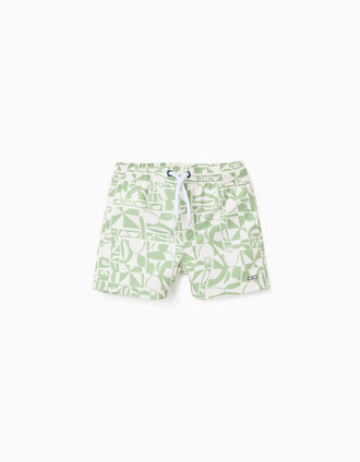 Short de Bain à Motif pour Garçon, Blanc/Vert