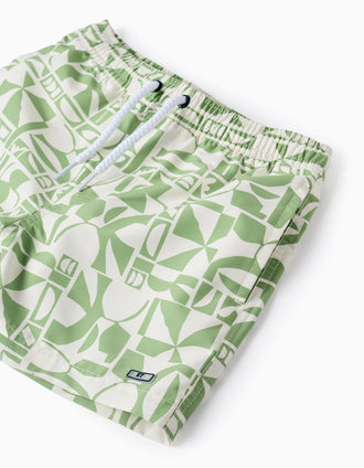Short de Bain à Motif pour Garçon, Blanc/Vert