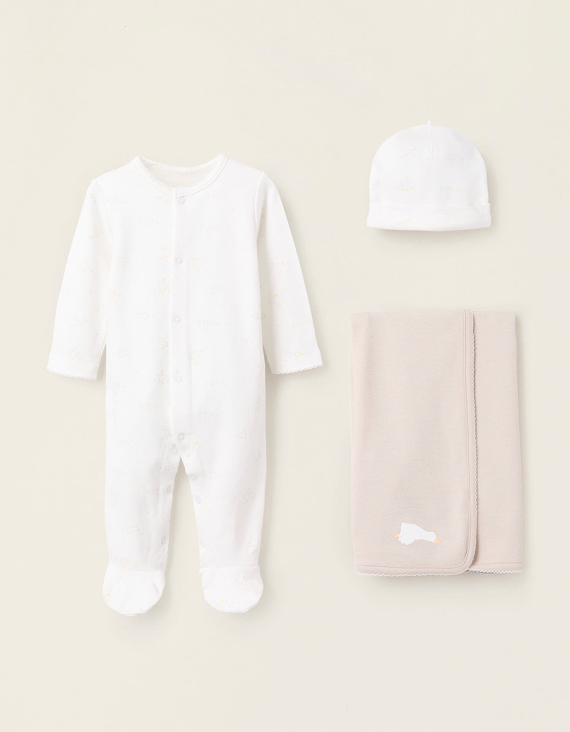 Babygrow + Gorro + Fralda para Recém-Nascido 'Cegonha', Branco/Bege