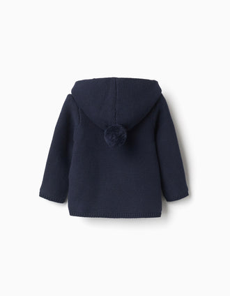 Casaco de Malha com Capuz e Pompom para Recém-Nascido, Azul Escuro