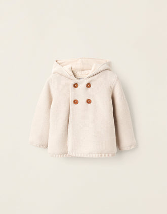 Gilet en Maille avec Capuche et Pompon pour Nouveau-Né, Beige