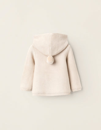 Gilet en Maille avec Capuche et Pompon pour Nouveau-Né, Beige