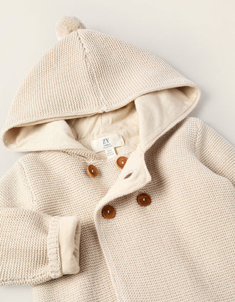 Gilet en Maille avec Capuche et Pompon pour Nouveau-Né, Beige
