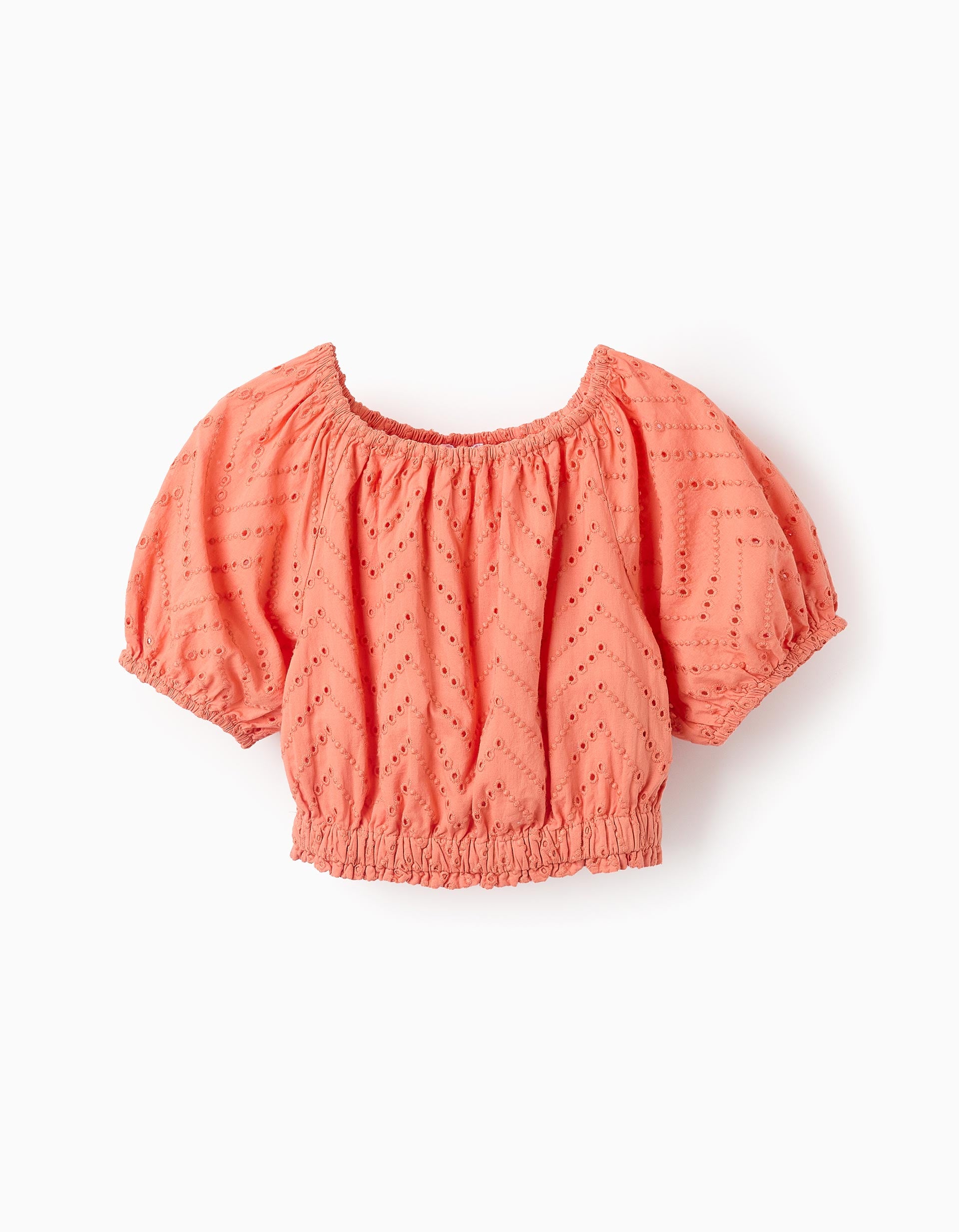 Top de Algodón con Bordado Inglés para Niña, Naranja