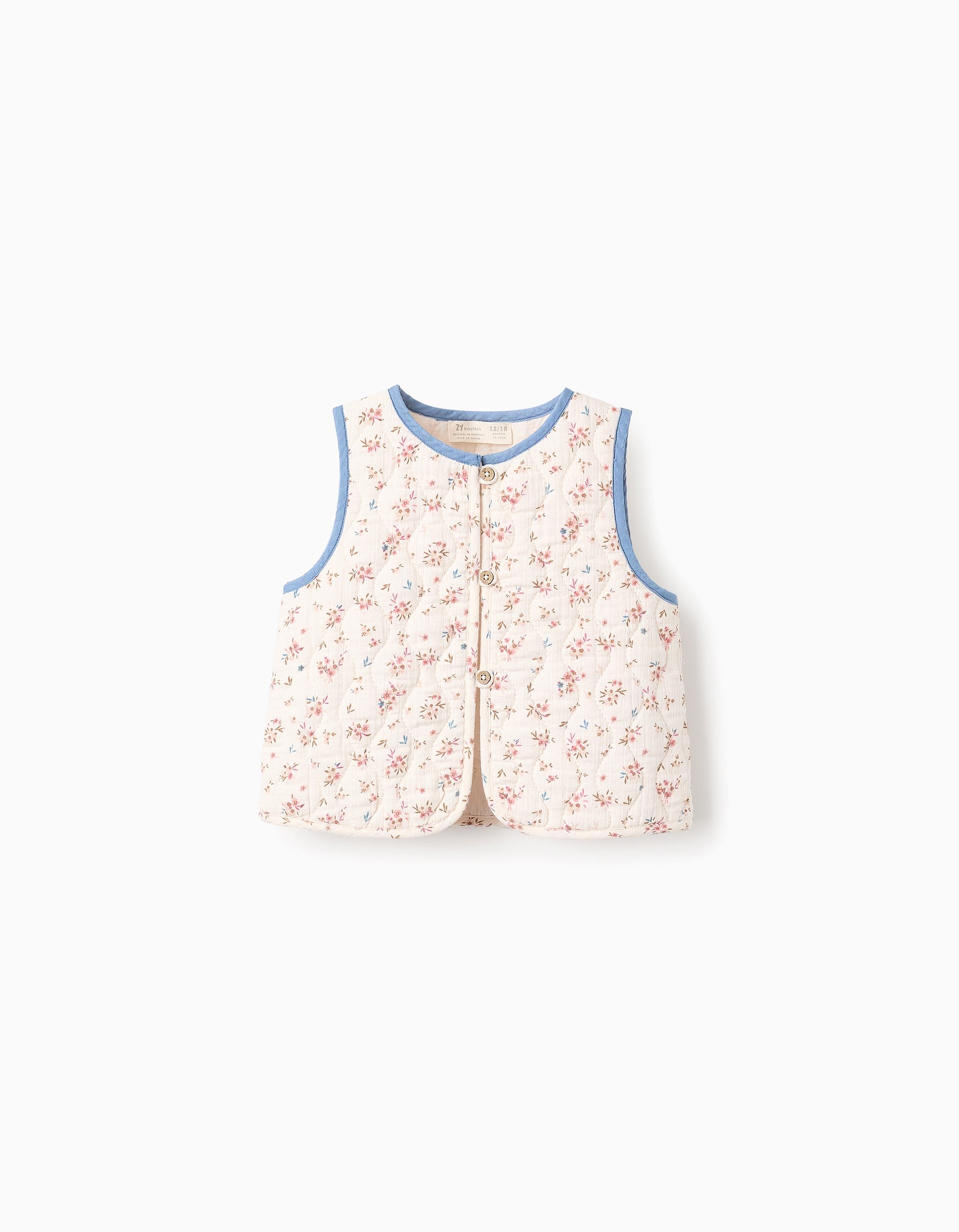 Padded Floral Gilet for Baby Girls, Beige/Blue