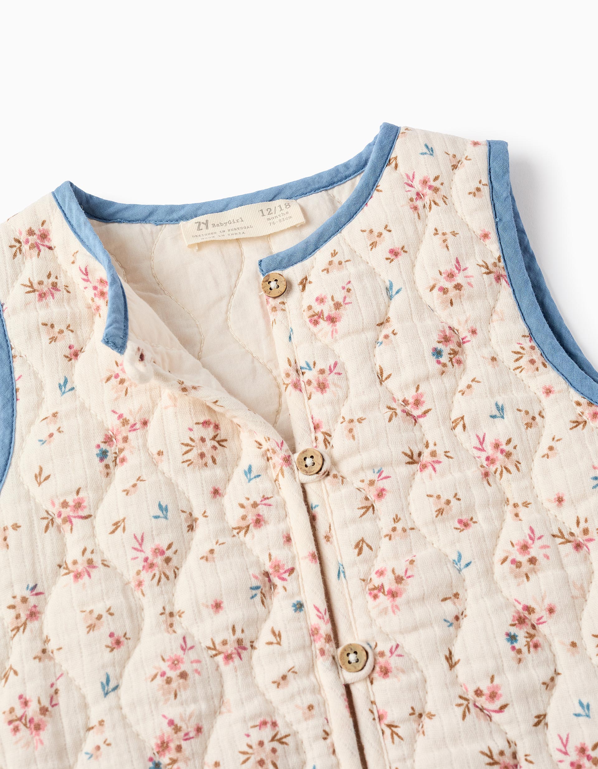 Padded Floral Gilet for Baby Girls, Beige/Blue