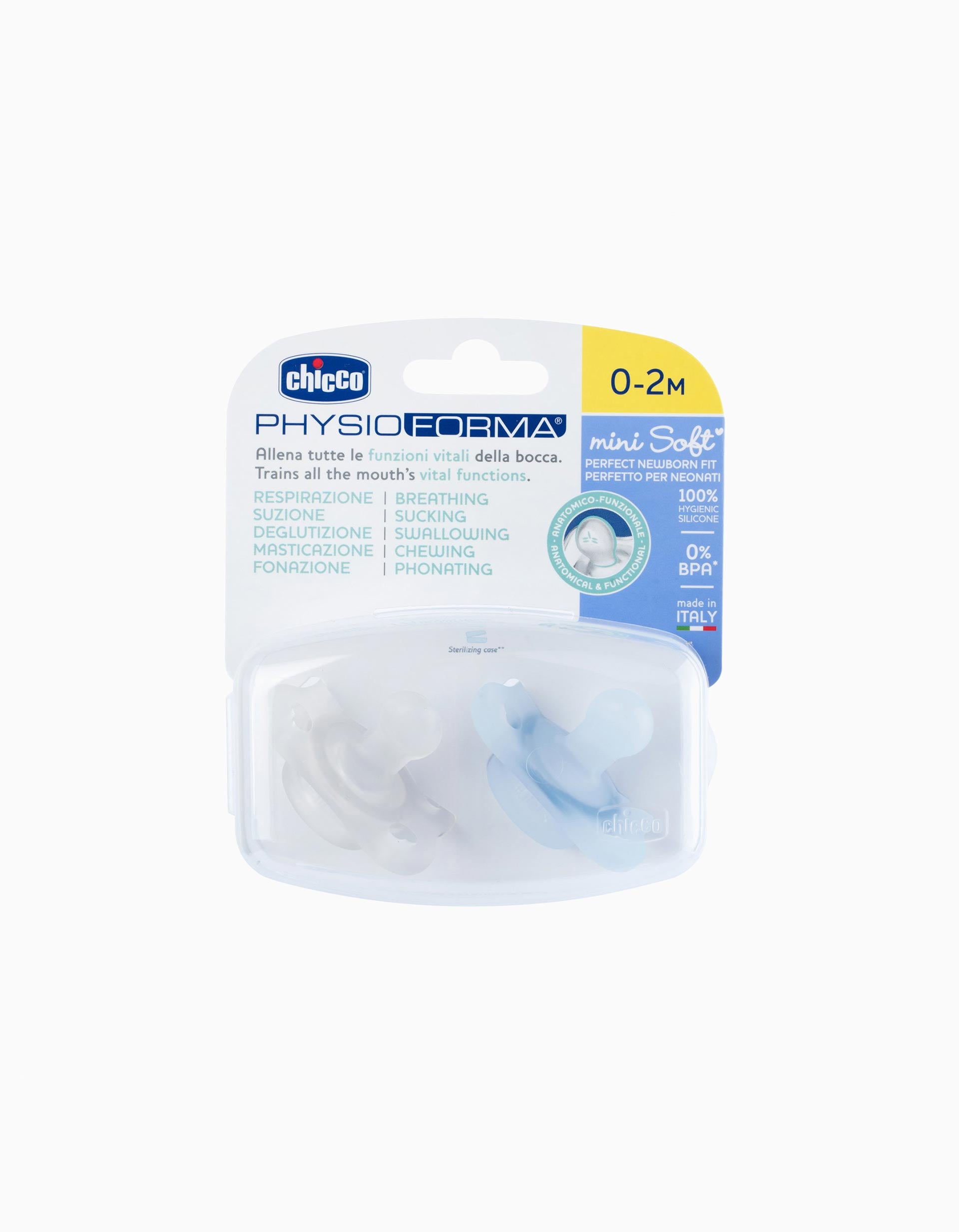 2 Chupetas Chicco Mini Soft 0-2M, Blue