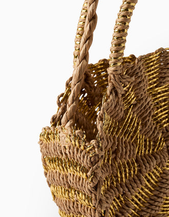 Bolso Bandolera de Paja para Niña, Beige/Dorado
