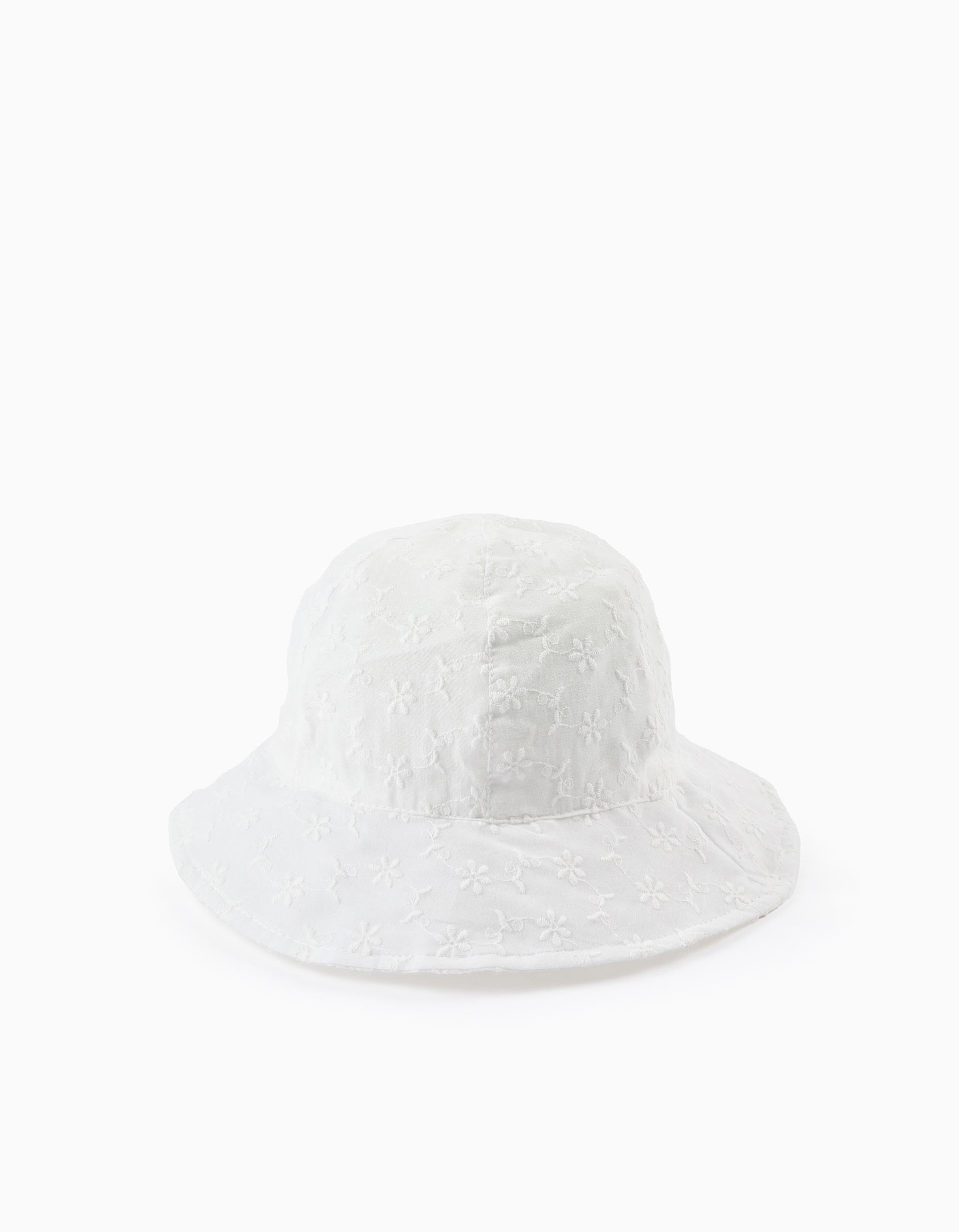 Hat with Flower Embroidery for Baby Girls, White