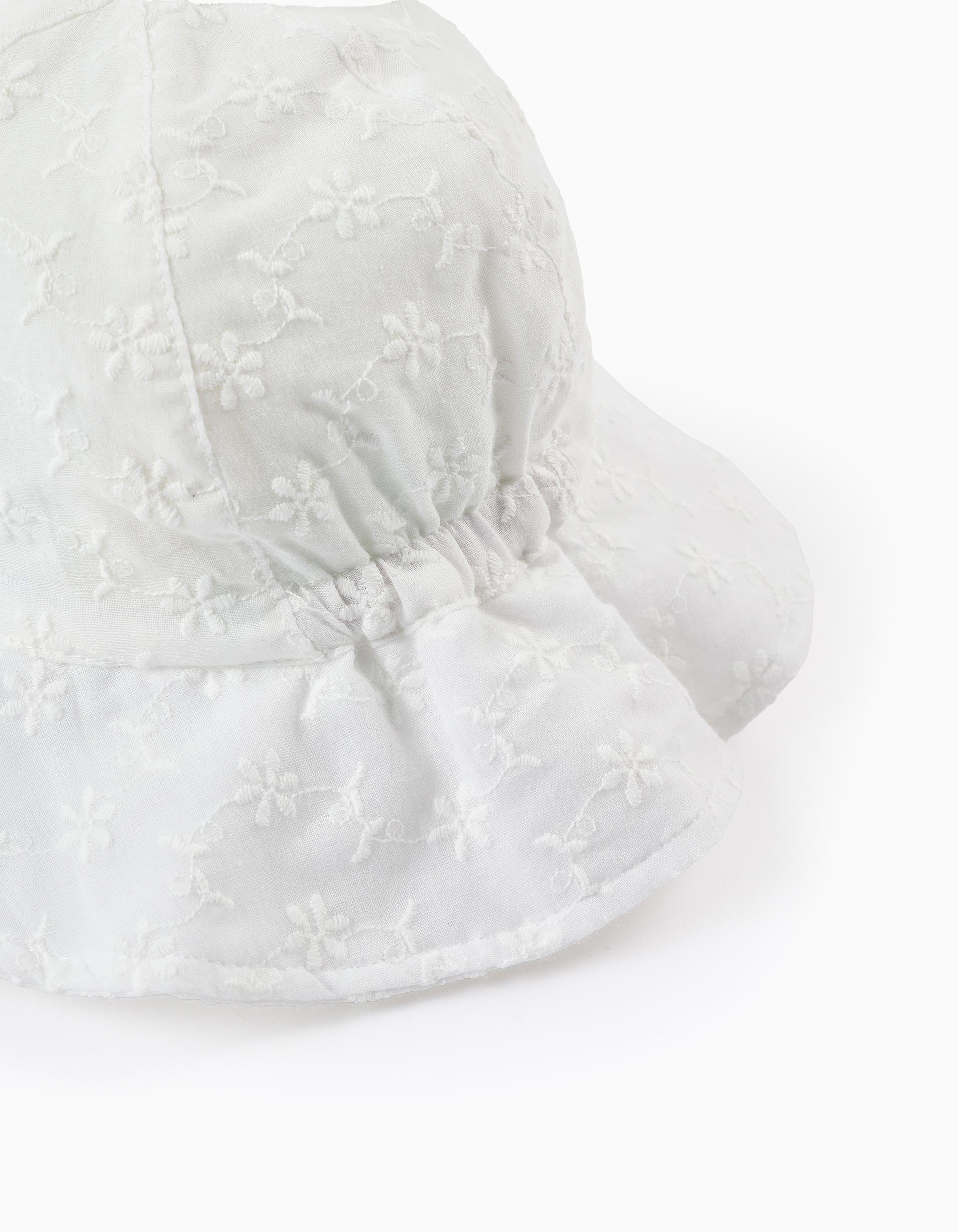 Hat with Flower Embroidery for Baby Girls, White