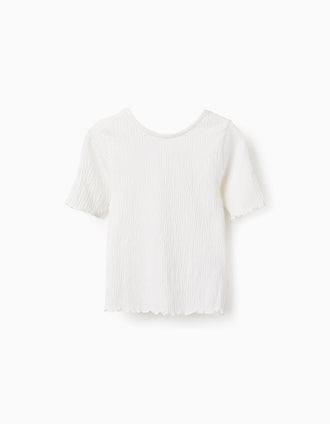 Camiseta Canalé con Extremos Ondulados para Niña, Blanco