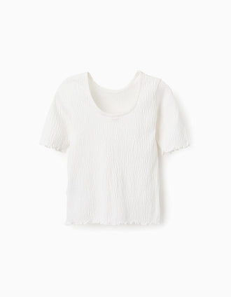 Camiseta Canalé con Extremos Ondulados para Niña, Blanco