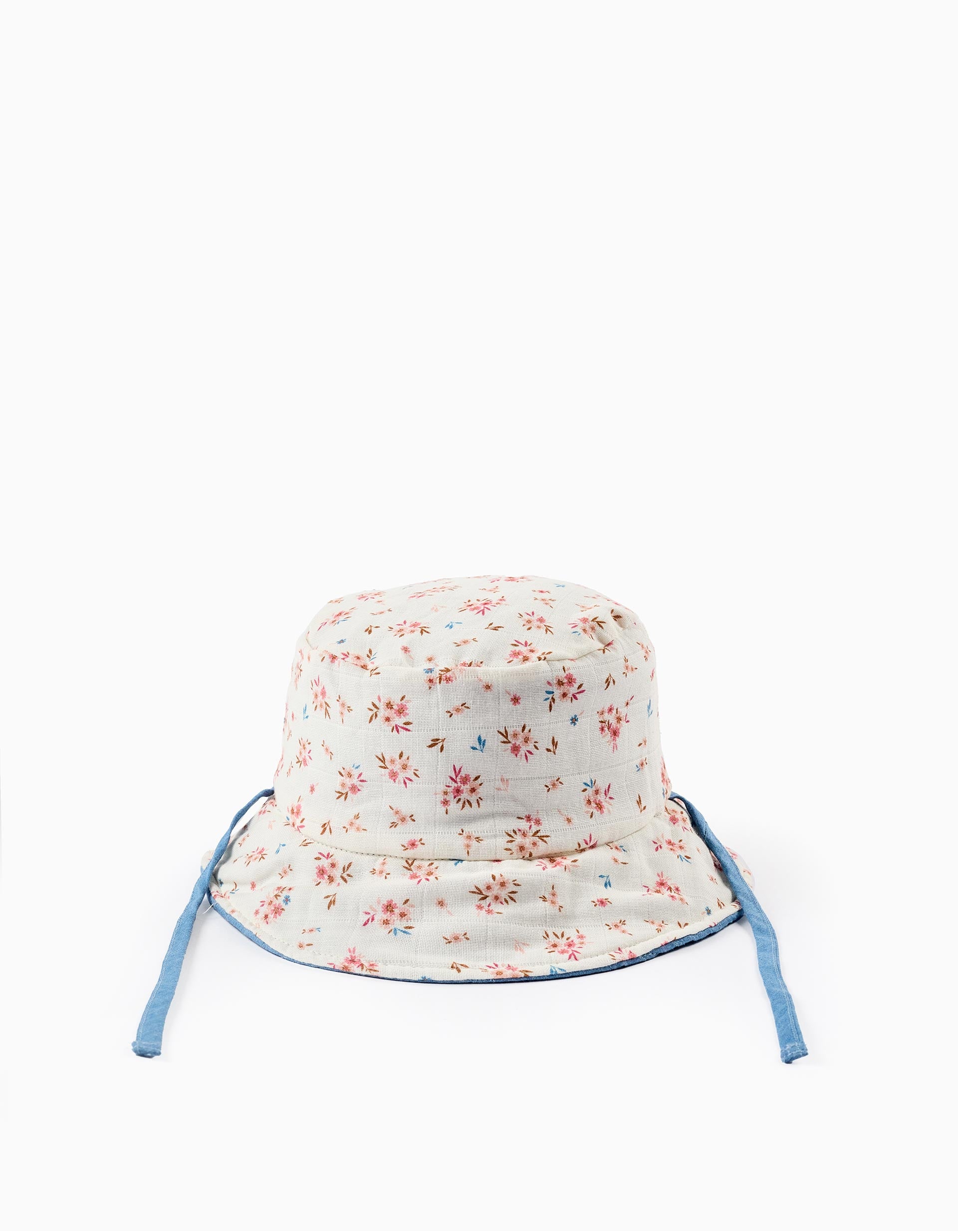 Chapeau Réversible Doudoune/Floral pour Bébé et Fille, Bleu/Blanc