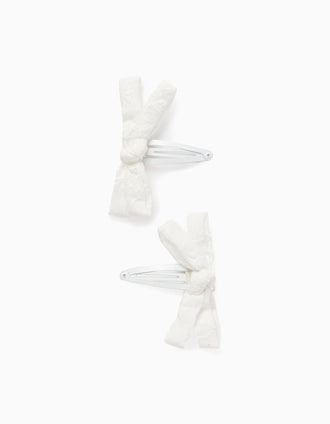 Pack of 2 Hair Clips with Floral Embroidered Bow for Babies and Girls, White
