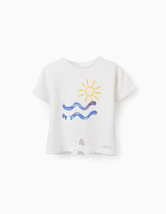 Camiseta de Algodón con Lentejuelas y Abalorios para Niña, Blanco