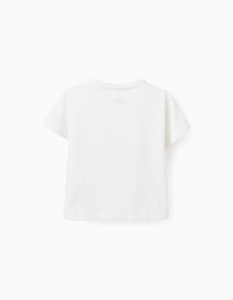 Camiseta de Algodón con Lentejuelas y Abalorios para Niña, Blanco