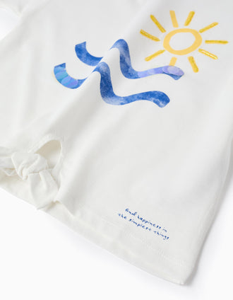 Camiseta de Algodón con Lentejuelas y Abalorios para Niña, Blanco