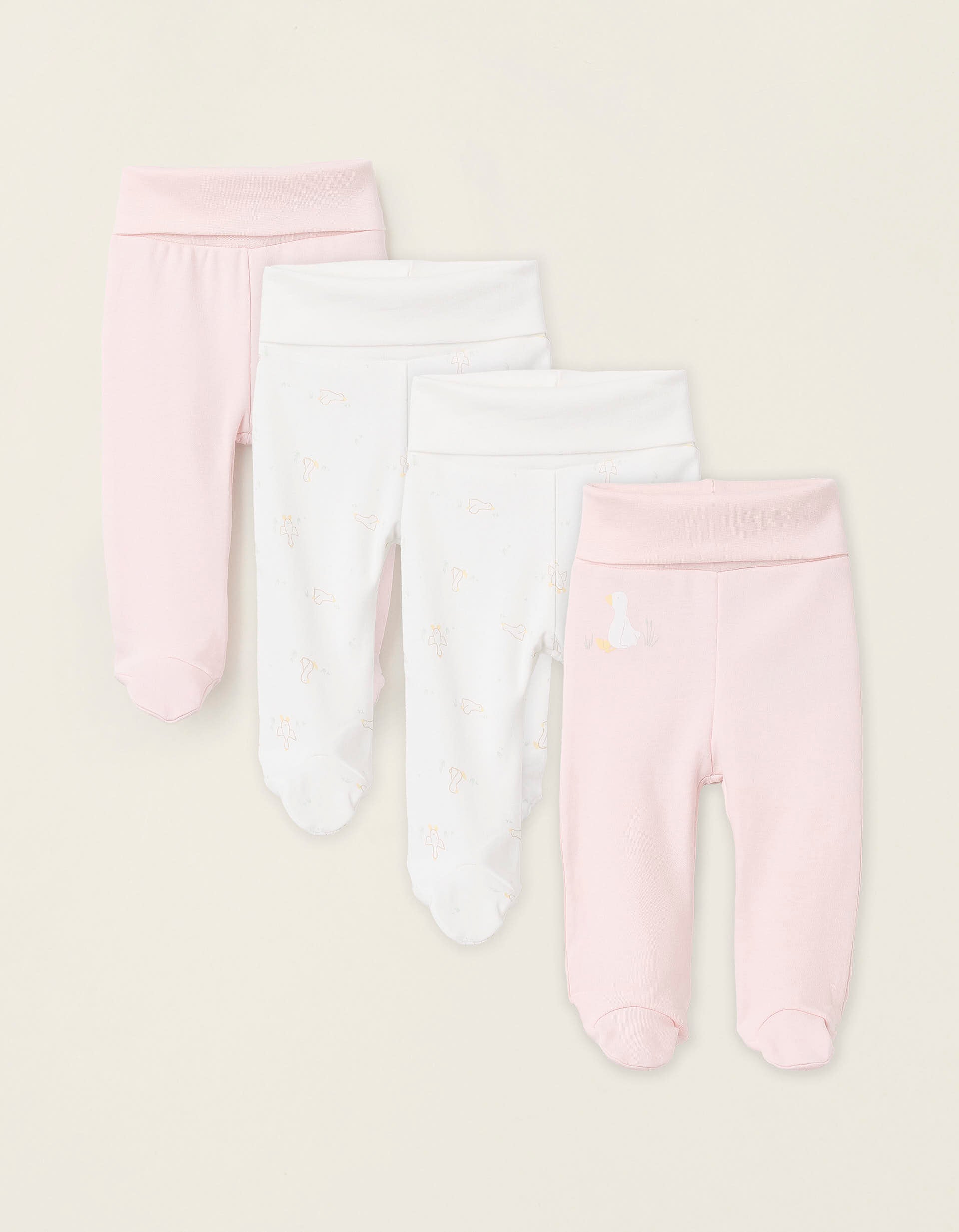 Pack 4 Pantalons avec Pieds pour Nouveau-née et Bébé 'Cigogne', Rose/Blanc