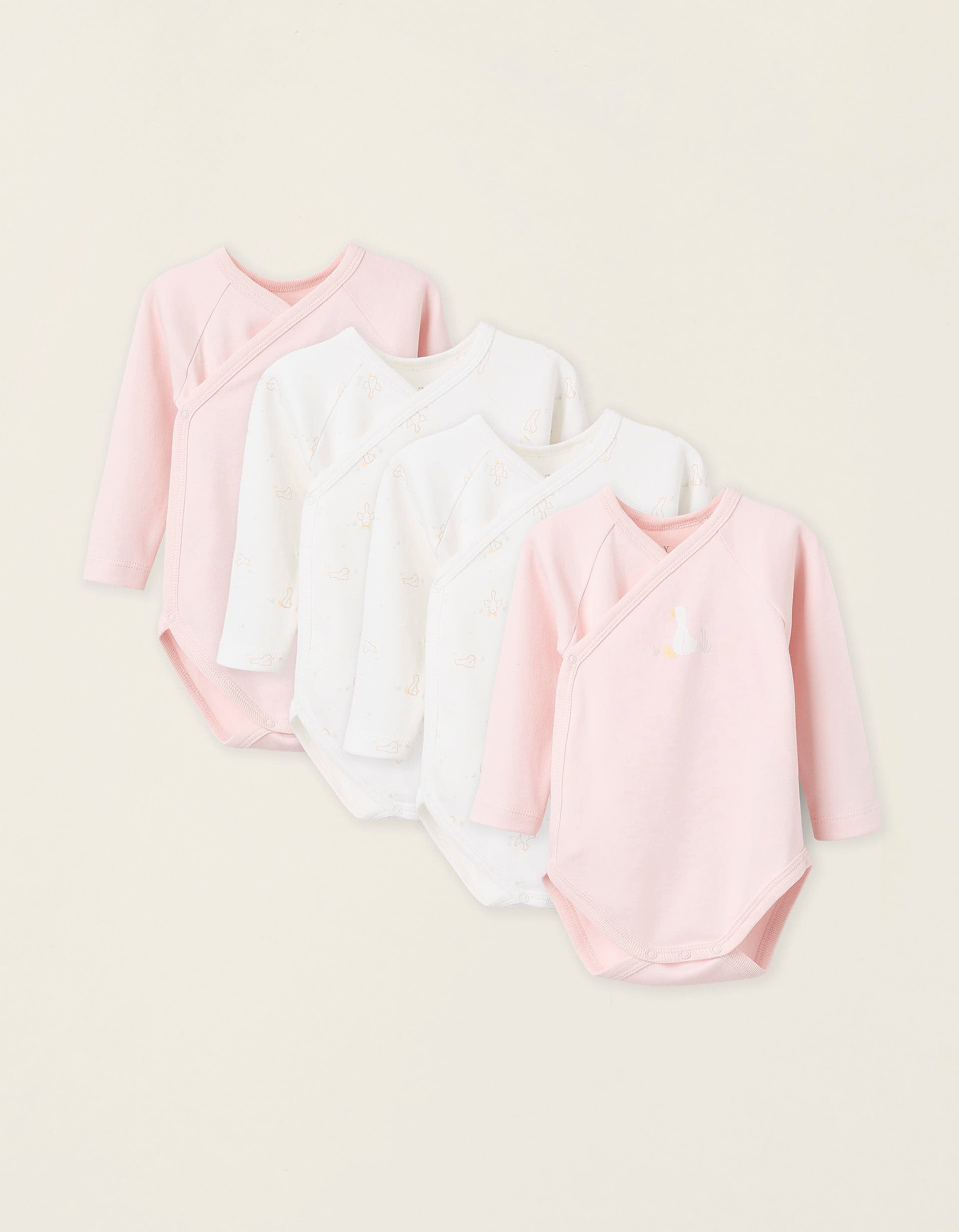 Pack 4 Bodies pour Nouveau-née et Bébé 'Cigogne', Rose/Blanc