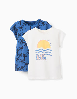 Pack of 2 Cotton T-shirts for Girls 'Palm Trees', Blue/White