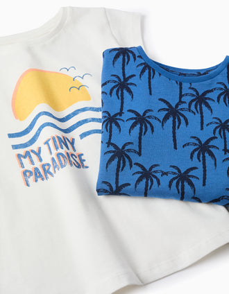 Pack of 2 Cotton T-shirts for Girls 'Palm Trees', Blue/White