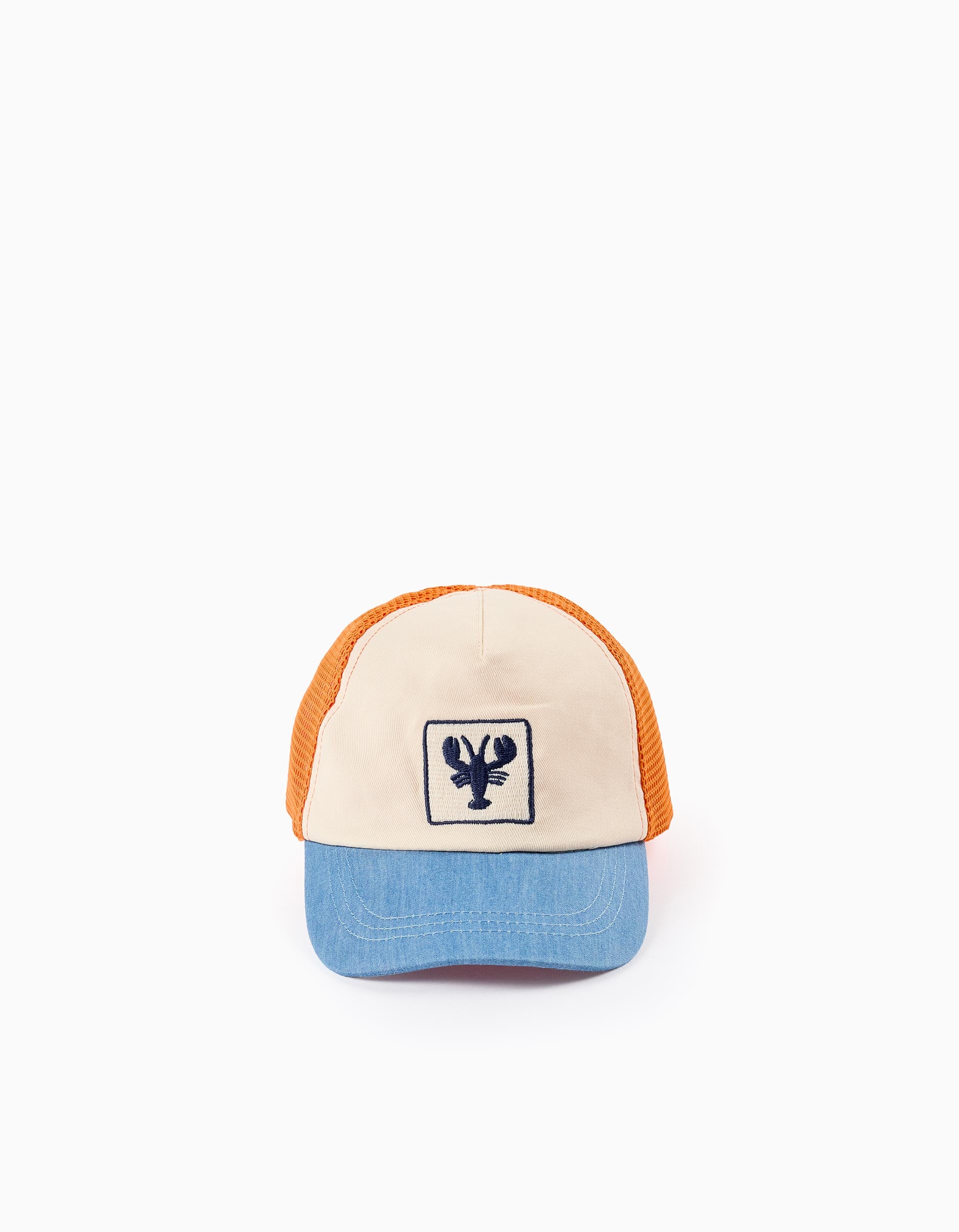 Dual-Fabric Beanie for Boys 'Lobster', Orange/Beige/Blue