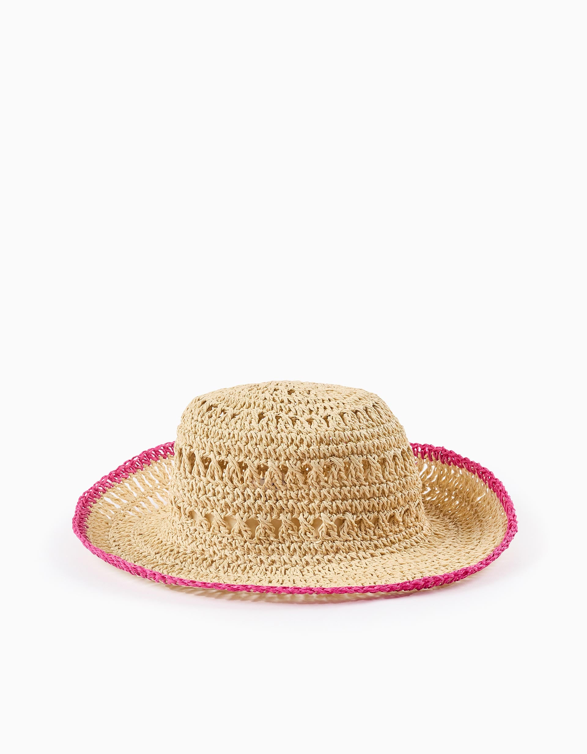 Straw Hat with Trim for Girls, Beige/Pink