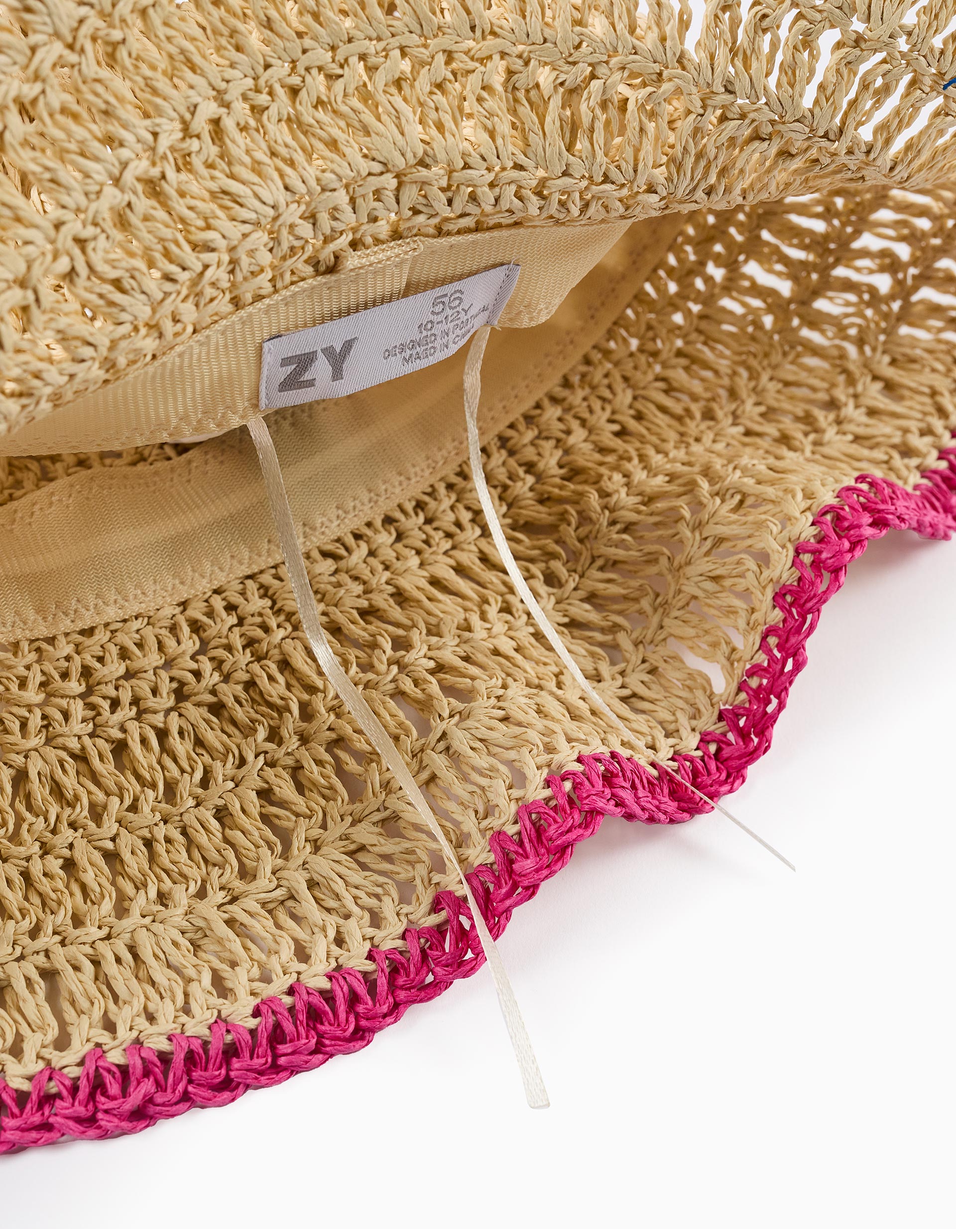 Straw Hat with Trim for Girls, Beige/Pink