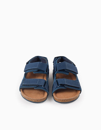 Leather Sandals with Cork Sole for Baby Boys, Dark Blue