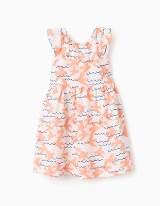 Cotton Dress with Motif for Baby Girls, White/Multicolour